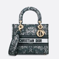 Medium Lady D-lite Bag In Flowers Around the World Motif Canvas Blue