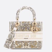 Medium Lady D-lite Bag In Flowers Around the World Motif Canvas White/Gold