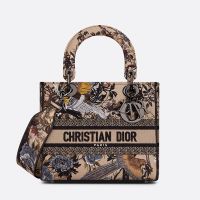 Medium Lady D-lite Bag In Jardin d'Hiver Motif Canvas Beige