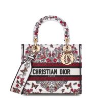 Medium Lady D-Lite Bag In Le Coeur des Papillons Embroidery White/Red