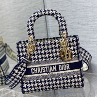 Medium Lady D-Lite Bag In Macro Houndstooth Embroidery Blue