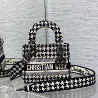 Mini Lady D-lite Bag In Macro Houndstooth Motif Canvas Black
