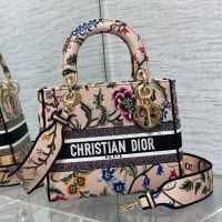Medium Lady D-lite Bag In Petites Fleurs Embroidery Pink