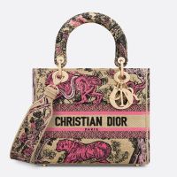 Medium Lady D-lite Bag In Toile de Jouy Sauvage Motif Raffia Beige/Pink