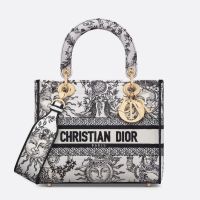 Medium Lady D-lite Bag In Toile de Jouy Soleil Motif Canvas White/Black