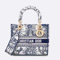 Medium Lady D-lite Bag In Toile de Jouy Soleil Motif Canvas White/Blue