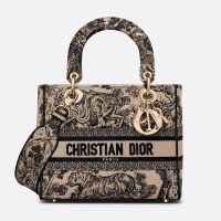 Medium Lady D-lite Bag In Toile de Jouy Motif Canvas Beige