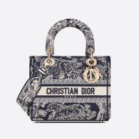 Medium Lady D-lite Bag In Toile de Jouy Motif Canvas Navy Blue