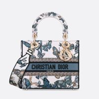 Medium Lady D-lite Bag In Toile de Jouy Mexico Motif Canvas White/Blue