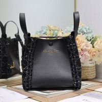 Medium Dior Signature Bucket Bag In Cannage Tweed and Smooth Calfskin Black