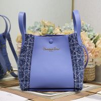 Medium Dior Signature Bucket Bag In Cannage Tweed and Smooth Calfskin Blue