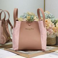 Medium Dior Signature Bucket Bag In Cannage Tweed and Smooth Calfskin Pink