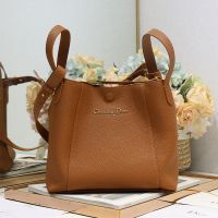 Medium Dior Signature Bucket Bag In Grained Calfskin Brown