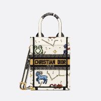 Mini Vertical Dior Book Tote with Strap In Pixel Zodiac Motif Canvas White