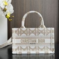 Mini Dior Book Tote with Strap in Macrocannage Embroidery White/Gold