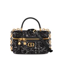 Mini Dior Caro Vanity Case In Cannage Motif Tweed Black