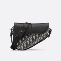 Mini Dior Saddle Bag In Grained Calfskin and Oblique Motif Canvas Black/Blue