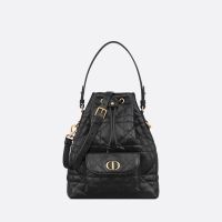 Small Dior Caro Bucket Bag In Macrocannage Lambskin Black
