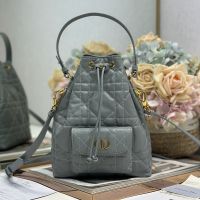 Small Dior Caro Bucket Bag In Macrocannage Lambskin Grey