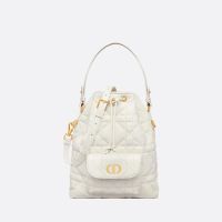 Small Dior Caro Bucket Bag In Macrocannage Lambskin White