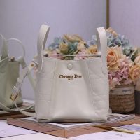 Small Dior Signature Bucket Bag In Cannage Calfskin and Smooth Calfskin White