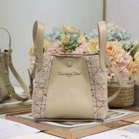 Small Dior Signature Bucket Bag In Cannage Tweed and Smooth Calfskin Apricot