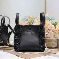 Small Dior Signature Bucket Bag In Cannage Tweed and Smooth Calfskin Black