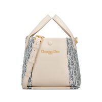 Small Dior Signature Bucket Bag In Oblique Chambray Raffia and Smooth Calfskin Blue